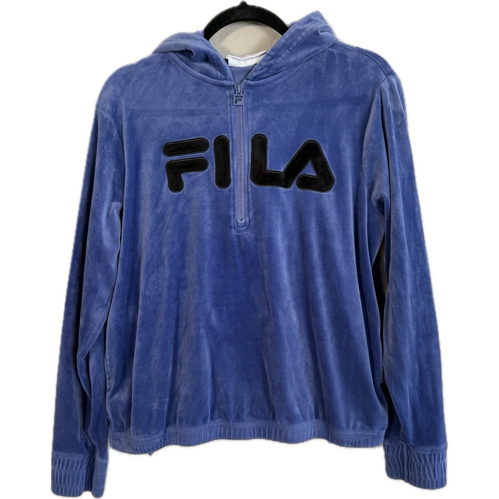 FILA Marlin purple  velour 1/4 zip pullover hoodie black logo, Large
